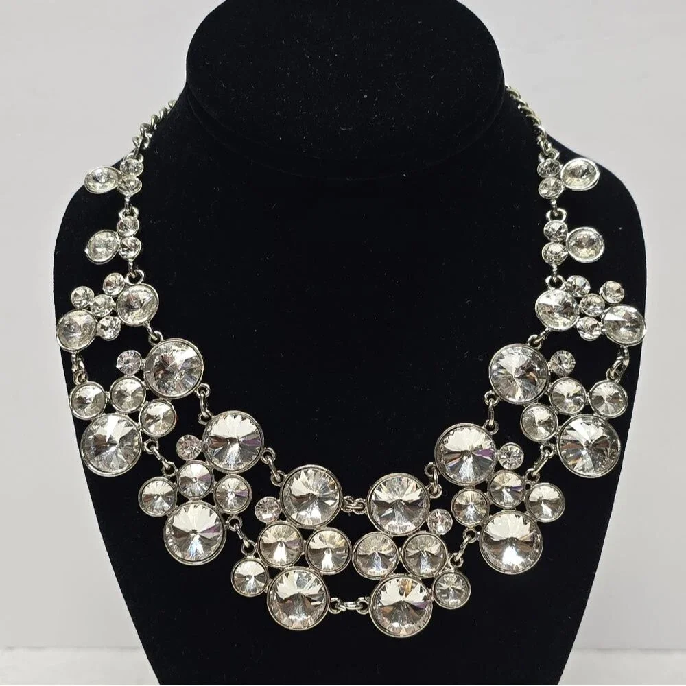 White House Black Market Silver Tone STATEMENT Necklace With Huge Crystals